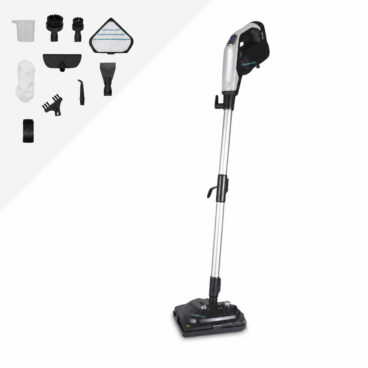 SteamPulse steam mop with all 12 included accessories