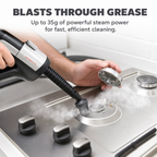 SteamPulse steam mop blasting grease off a stovetop