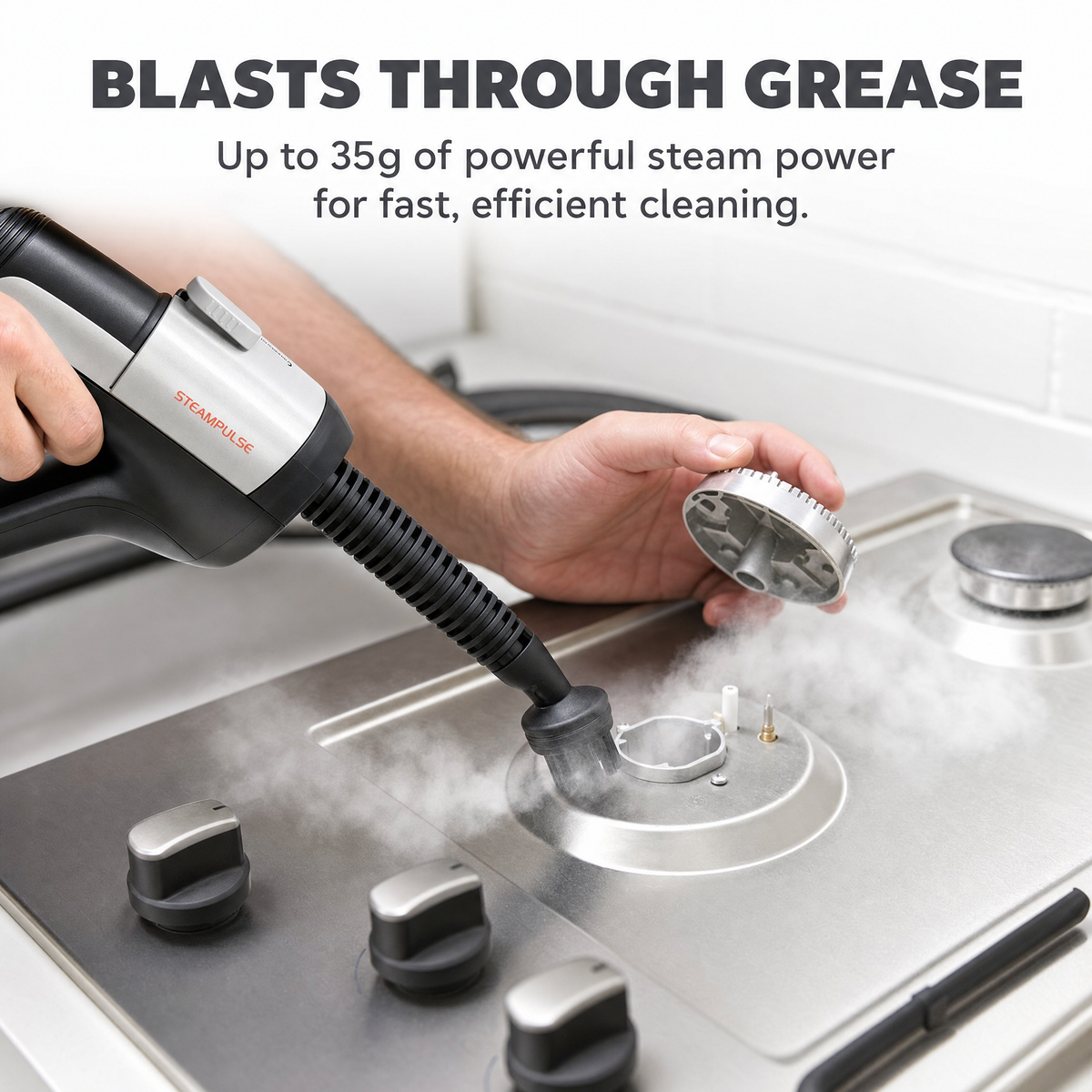 SteamPulse steam mop blasting grease off a stovetop