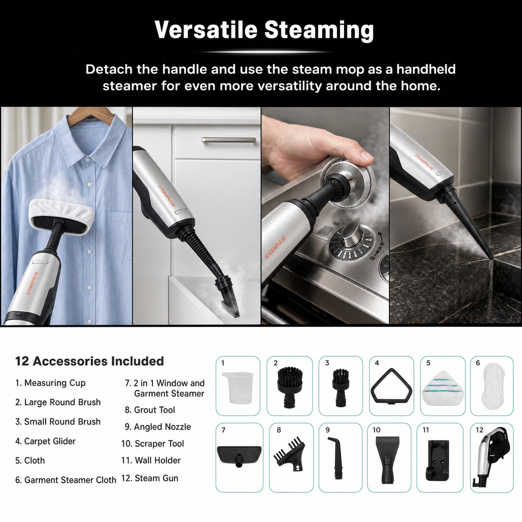SteamPulse, 12 included accessories laid out